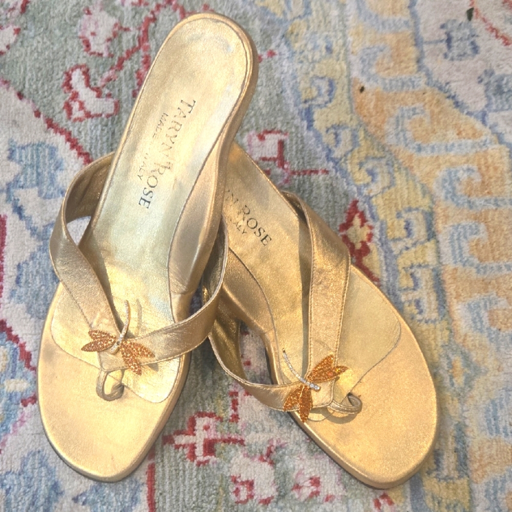 Taryn Rose Metallic Gold Sandals With Rhinestone Dragonflies Size 8.5, Euro 39